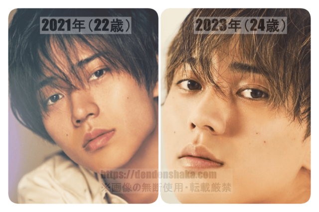 2023年→笑顔でやや目を細めた感じ2024年→真顔で目は比較的しっかりと開いている 2023年と2024年の写真を比べて、一瞬「2024年の方が二重の幅が広がった」様に見えたが、2021年や2023年の他の写真が2024年の写真と同じ二重幅であった事を説明した画像 https://dendenshaka.com ※画像の無断使用・転載厳禁