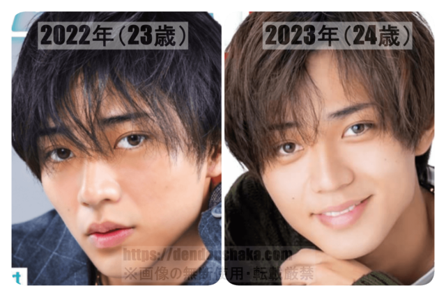 永瀬廉整形疑惑・目の検証⑰2022年(23歳当時)と2023年(24歳当時)の永瀬廉の写真を並べて二重のラインに変化がない事を説明した画像