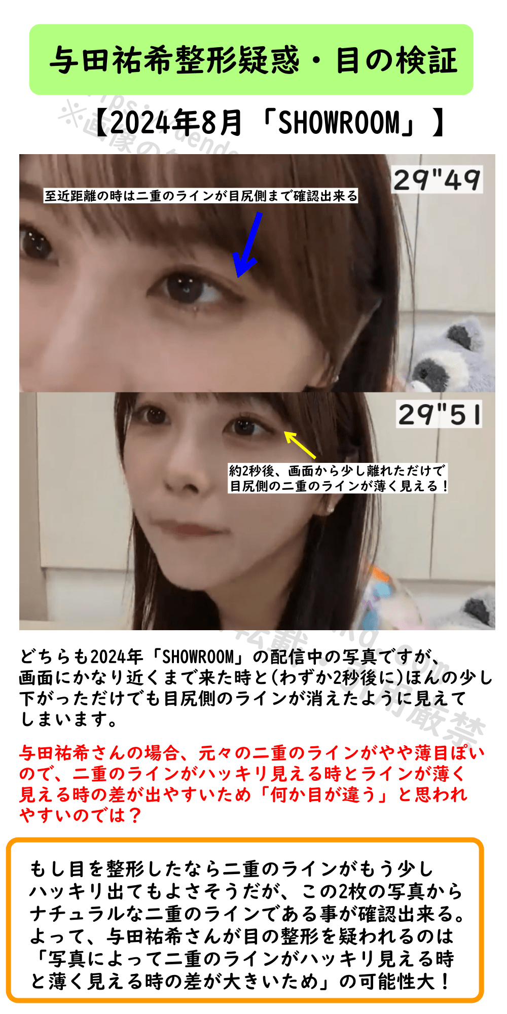 与田祐希の2024年SHOWROOMでのカメラ距離による目の見え方の違い